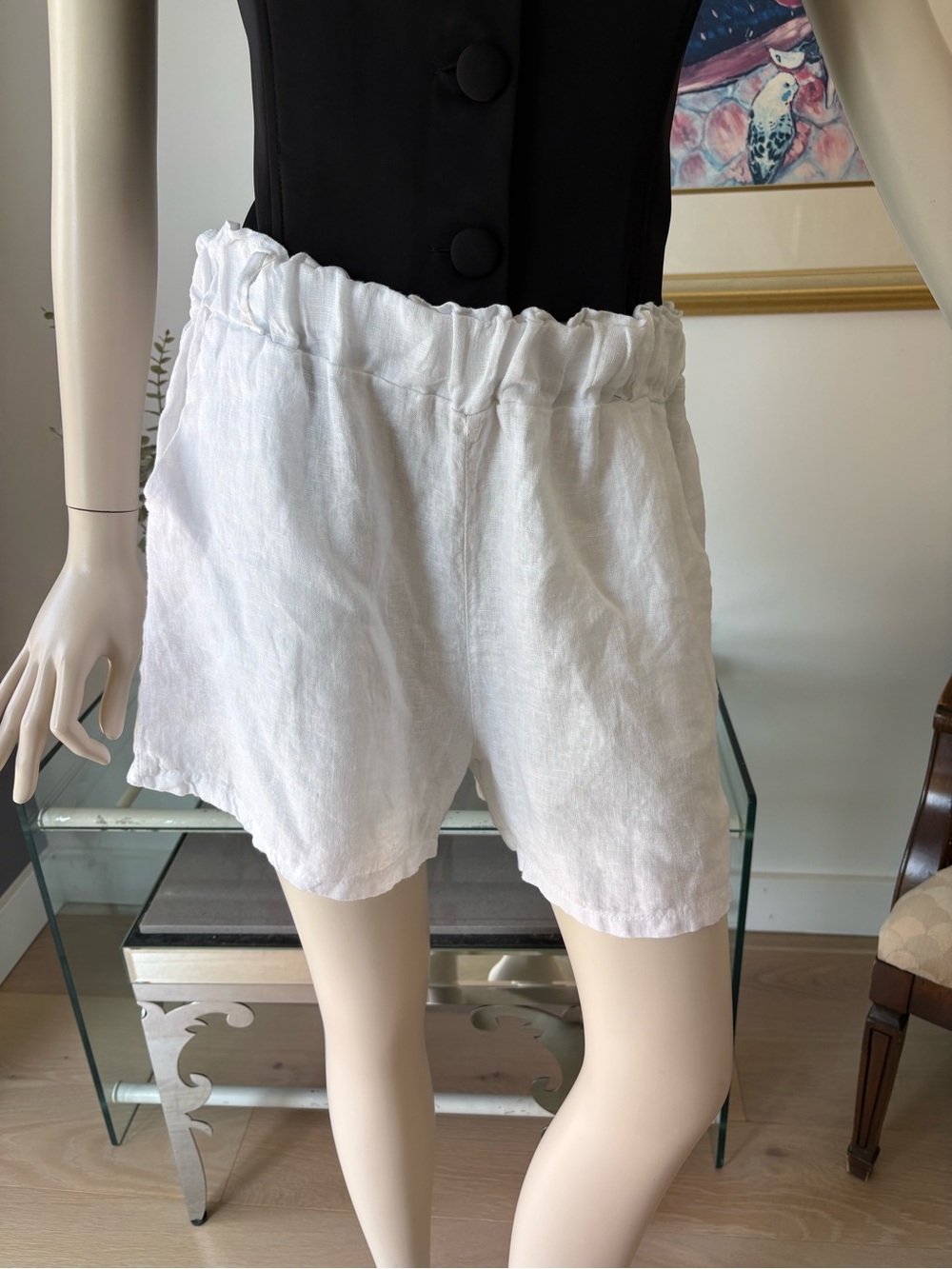 High-Rise White Linen Blend Elastic Waist Shorts